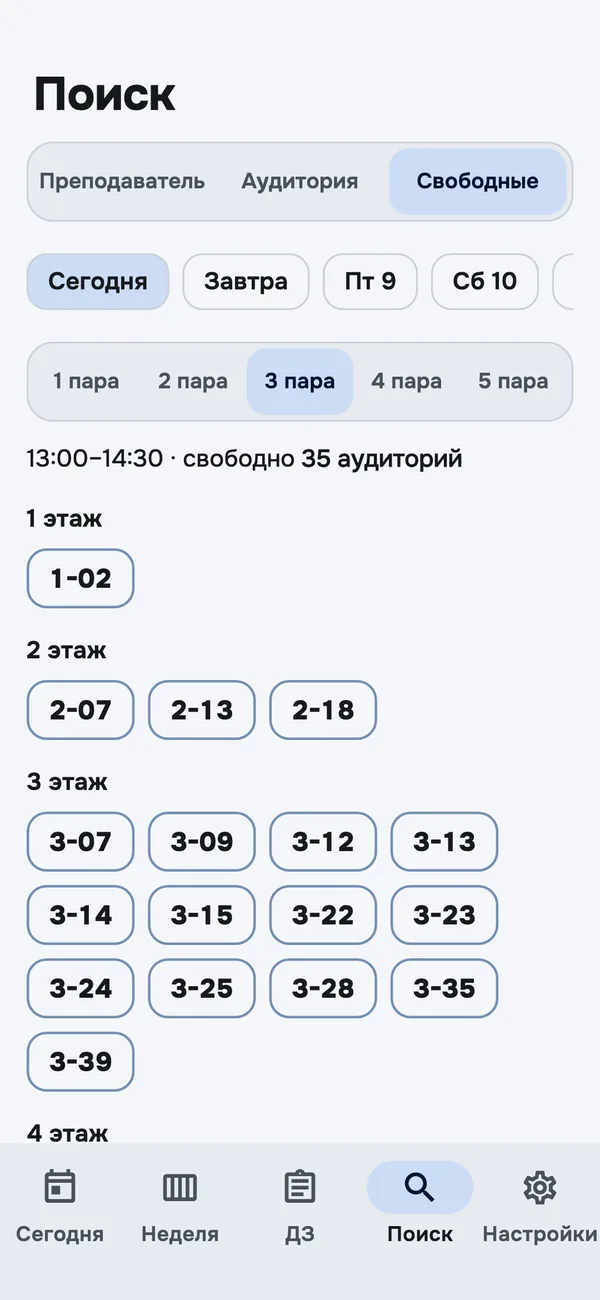 Свободные аудитории на выбранную пару, по этажам